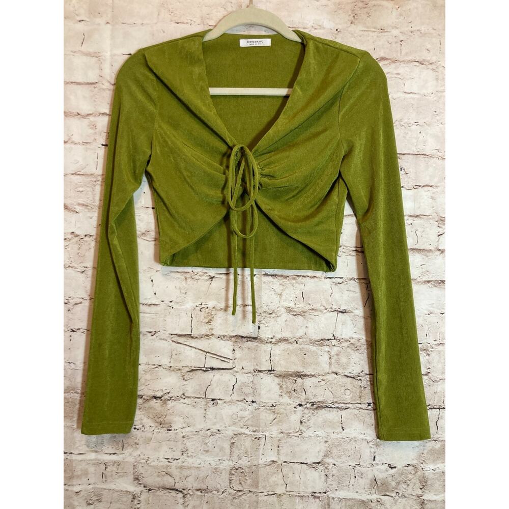 Peppermayo Crop Top Womens 6 Pea Green Slinky Tie Front Ruched Cropped Boho